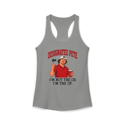 Heather grey racerback tank top with red graphic and slogan on front
