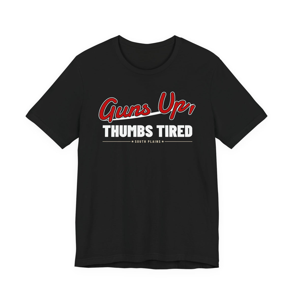 Black crewneck T-shirt with red Guns Up Thumbs Tired graphic print