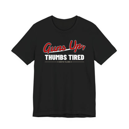 Black crewneck T-shirt with red Guns Up Thumbs Tired graphic print
