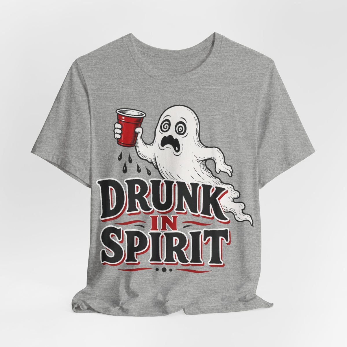 Heather gray crewneck T-shirt with ghost and red cup graphic, “DRUNK IN SPIRIT” text