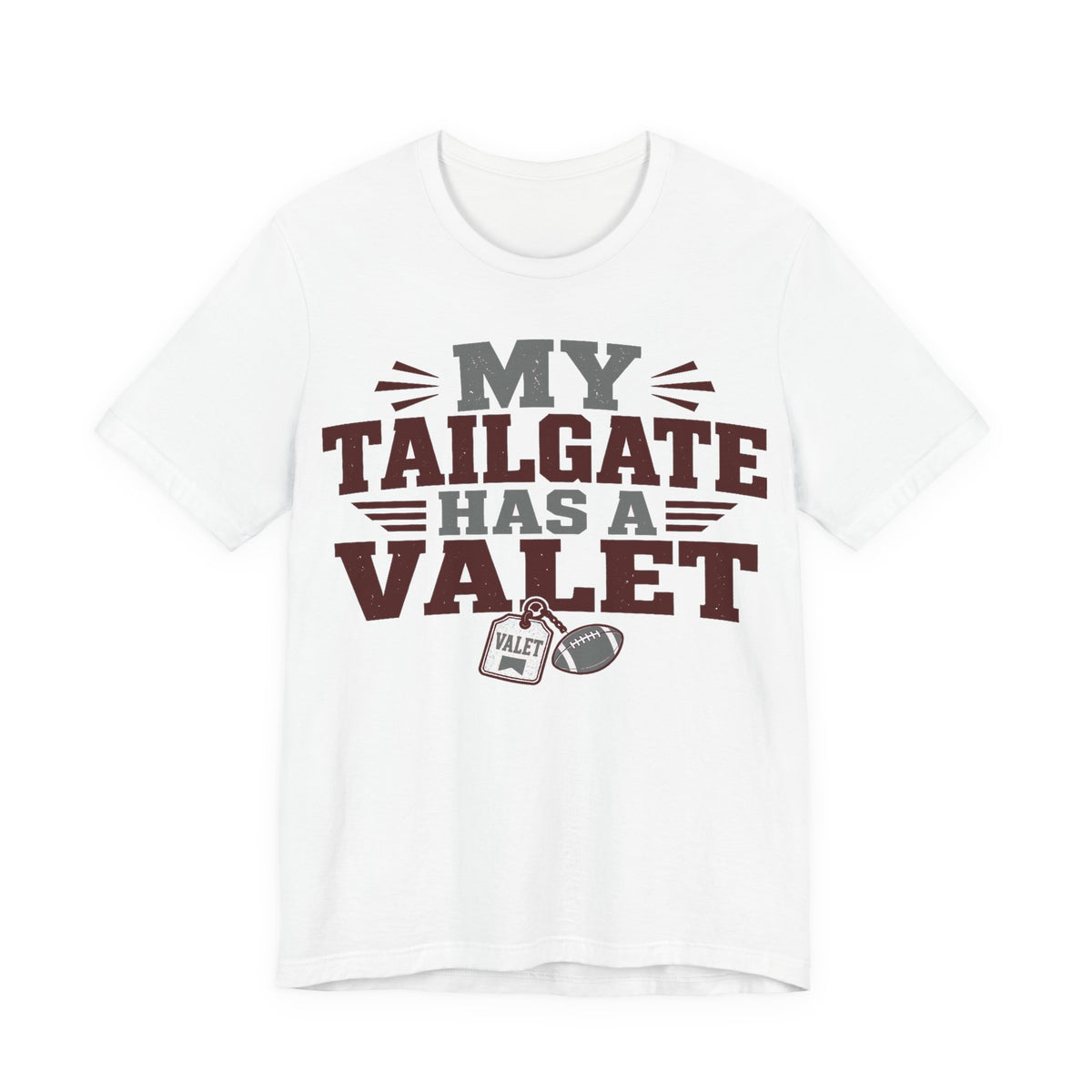 White graphic T-shirt with 'MY TAILGATE HAS A VALET' text and valet icon