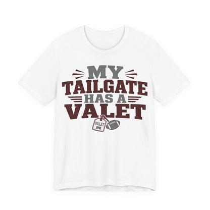 White graphic T-shirt with 'MY TAILGATE HAS A VALET' text and valet icon