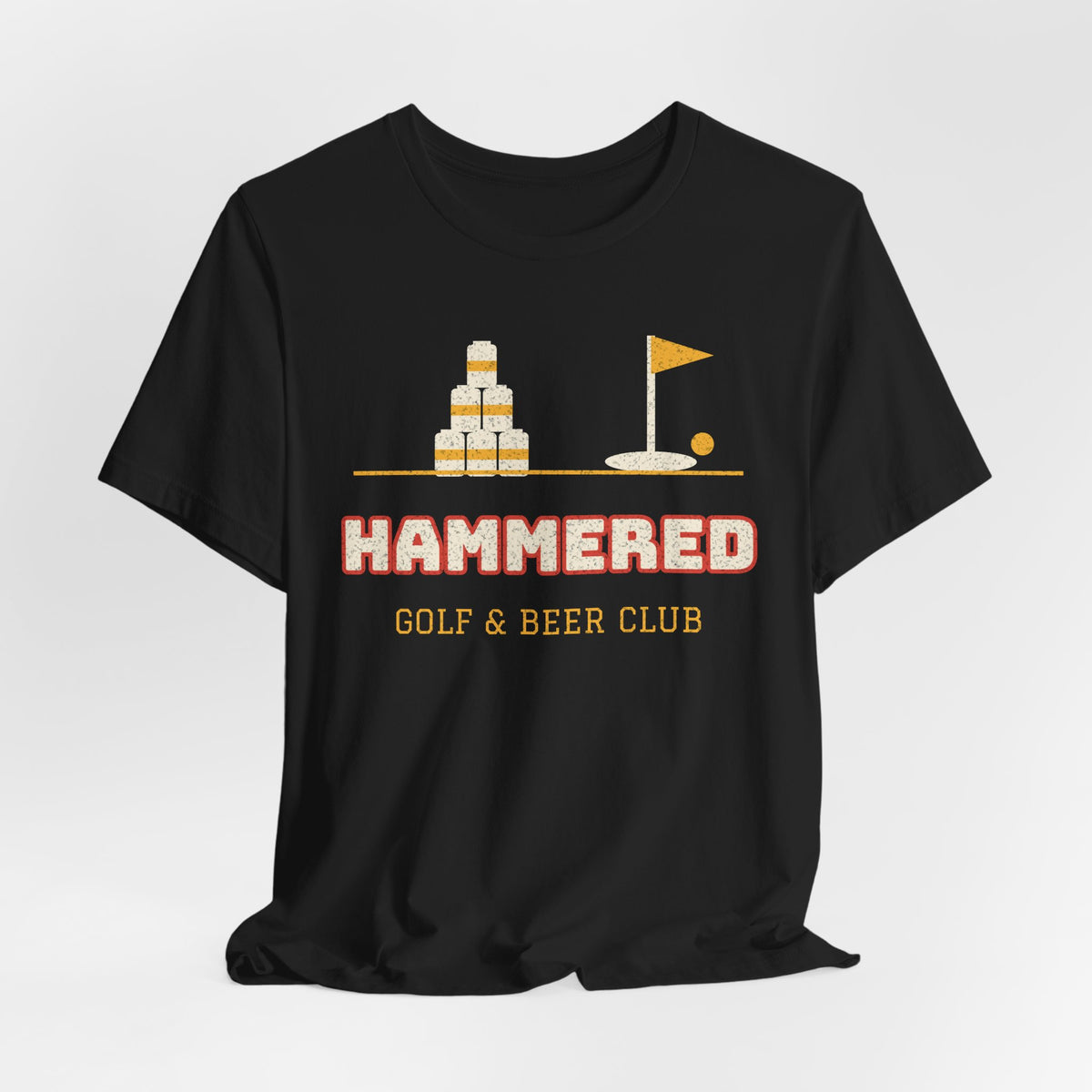 Black crewneck T-shirt with 'HAMMERED' Gulf & Beer Club logo graphic