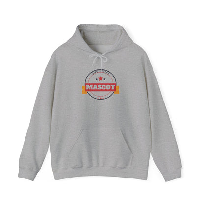 Heather gray pullover hoodie with hood, drawstrings, and front mascot logo graphic