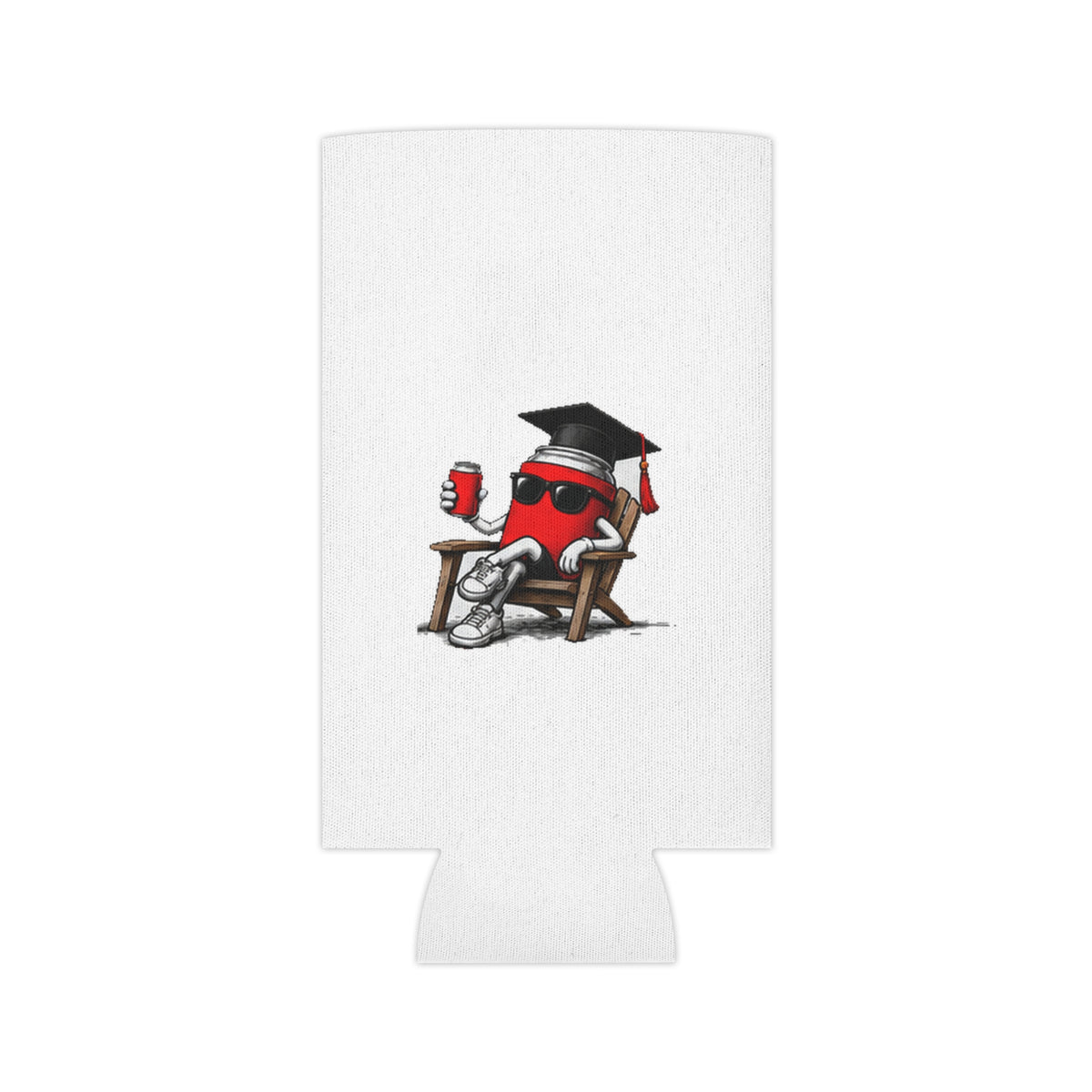 White koozie sleeve with cartoon red mascot in cap and diploma