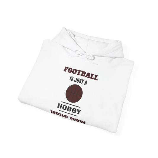 White hoodie folded, hood ties and football hobby text graphic on chest