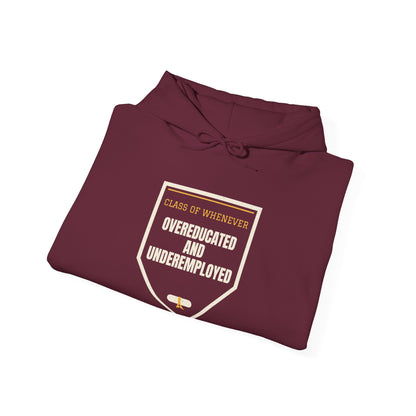 Maroon hoodie with square chest graphic and front hood drawstrings.