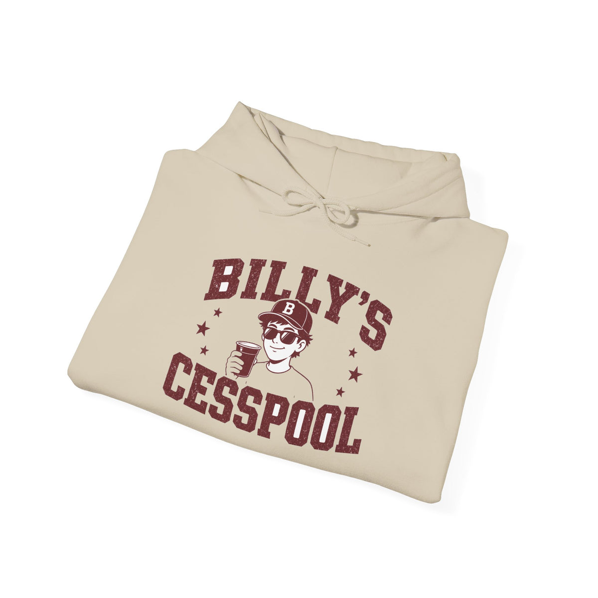 Sand hoodie folded with drawstring hood and 'BILLY'S CESSPOOL' graphic