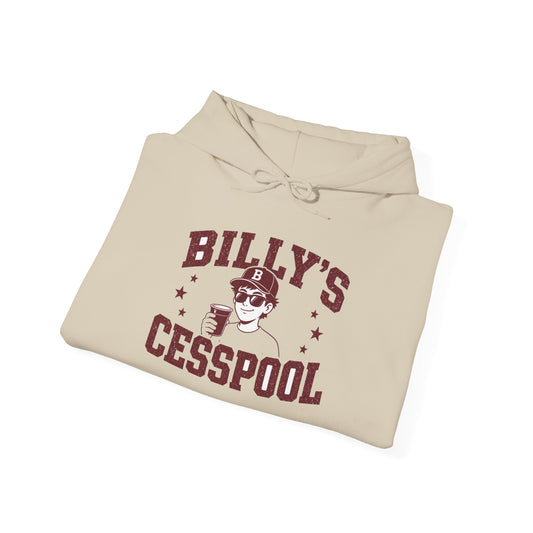 Sand hoodie folded with drawstring hood and 'BILLY'S CESSPOOL' graphic