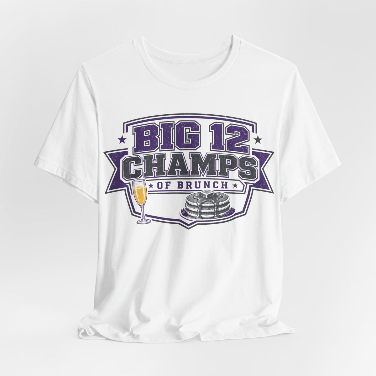 White crewneck T-shirt with centered BIG 12 CHAMPS OF BRUNCH logo and trophy