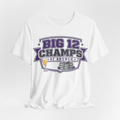 White crewneck T-shirt with centered BIG 12 CHAMPS OF BRUNCH logo and trophy