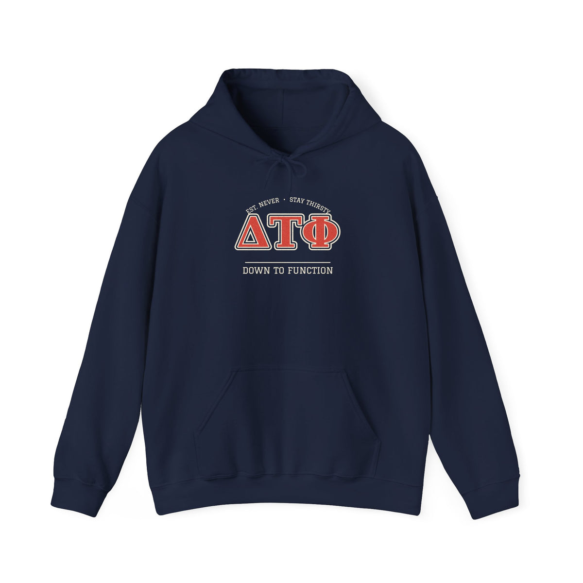 Navy hoodie with Greek letters graphic and kangaroo pocket