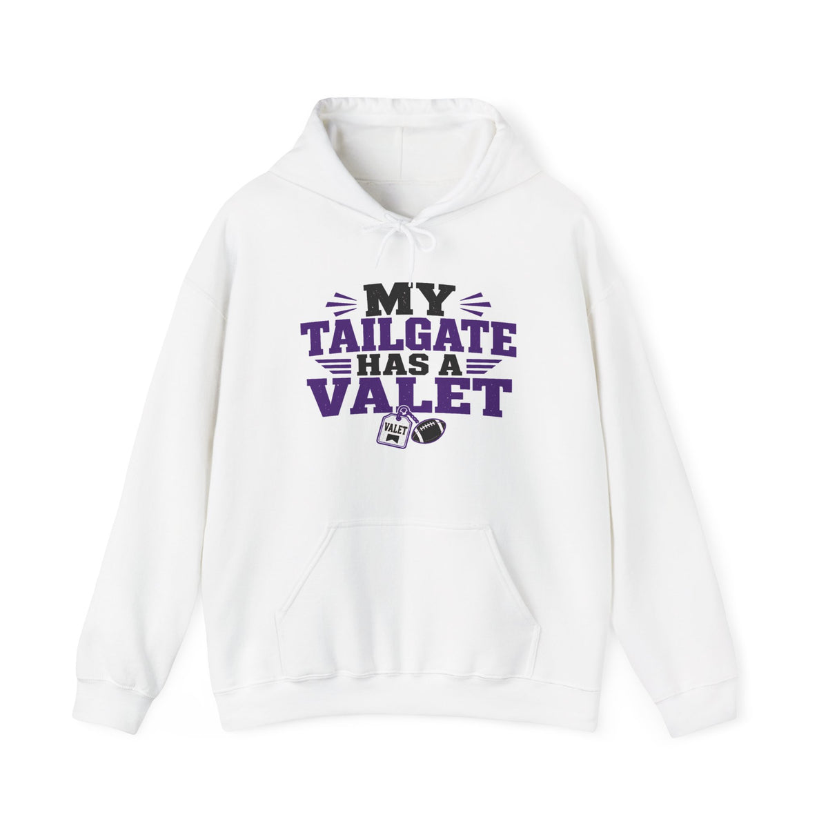 TCU white hoodie with front pocket, hood, and “My Tailgate Has a Valet” graphic