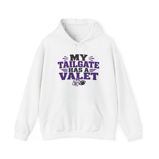 TCU white hoodie with front pocket, hood, and “My Tailgate Has a Valet” graphic