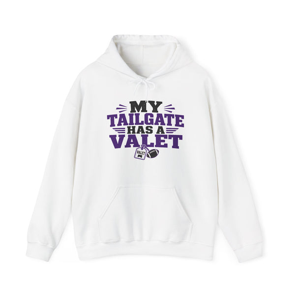 TCU white hoodie with front pocket, hood, and “My Tailgate Has a Valet” graphic