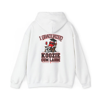 White pullover hoodie with centered back typography and graduation mascot graphic
