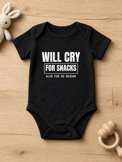 Will Cry For Snacks Funny Baby Onesie