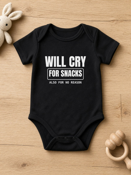 Will Cry For Snacks Funny Baby Onesie